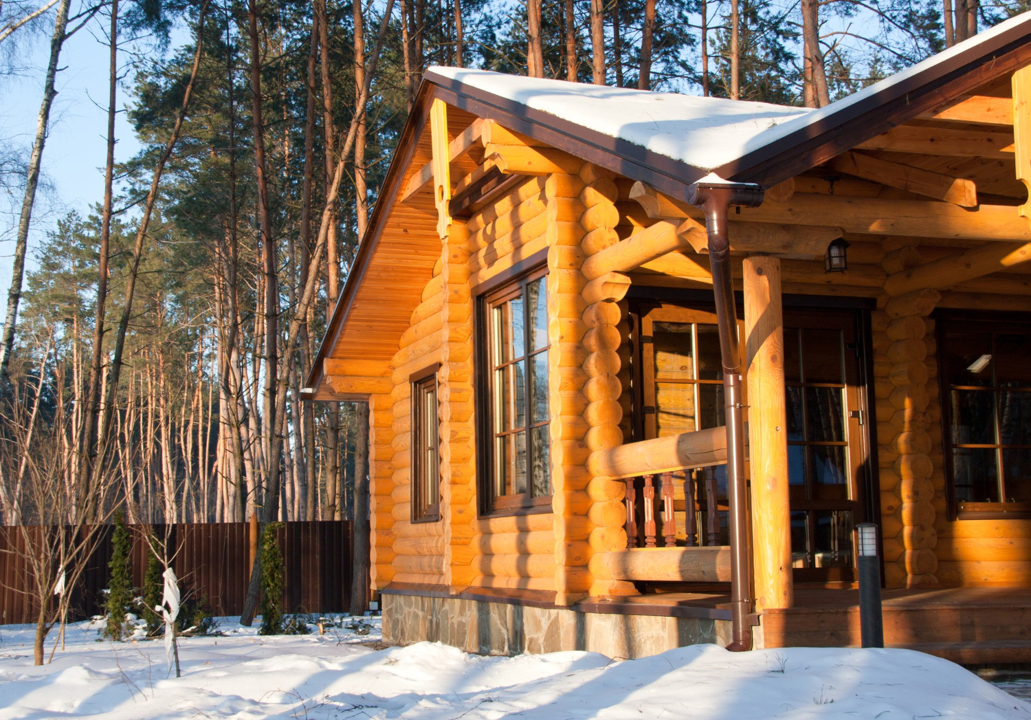 Maison en bois à la forêt de pins le matin au lever du soleil